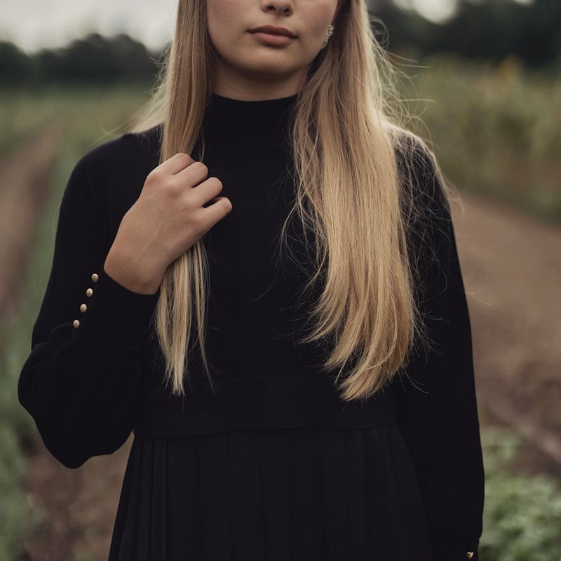 Pleated Bottom Knit Top Dress - Black