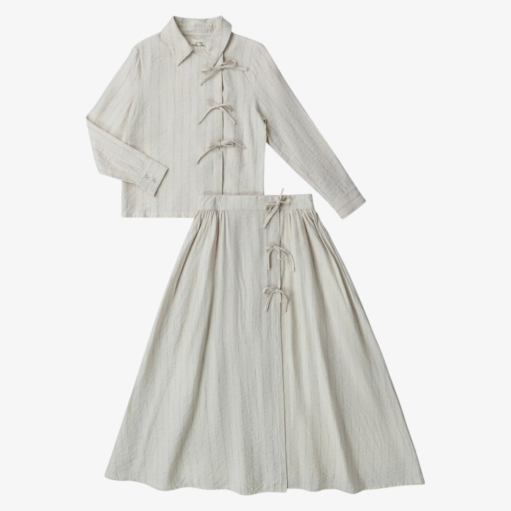 Stripe Bow Shirt And Skirt - Beige