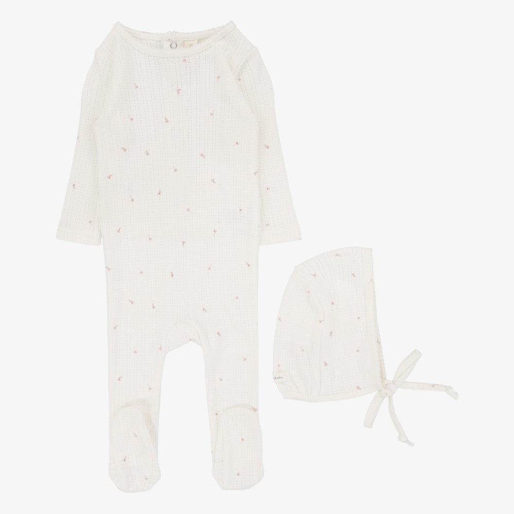 Printed Pointelle Footie And Hat - Cream Floral
