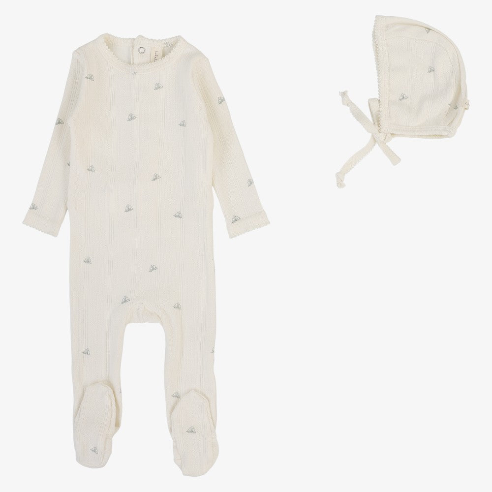 Printed Pointelle Footie And Bonnet - Cream &amp; Blue Crown