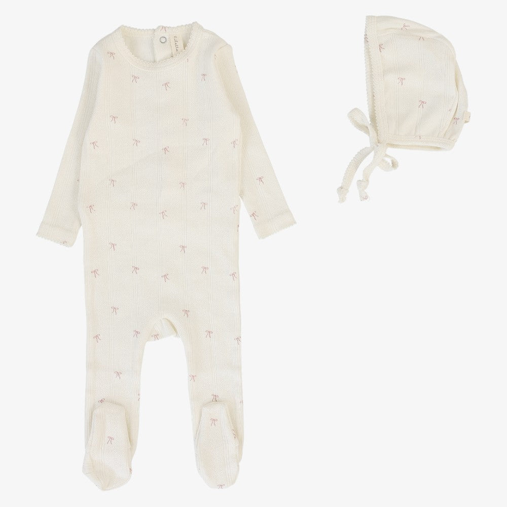 Printed Pointelle Footie And Bonnet - Cream &amp; Pink Bow