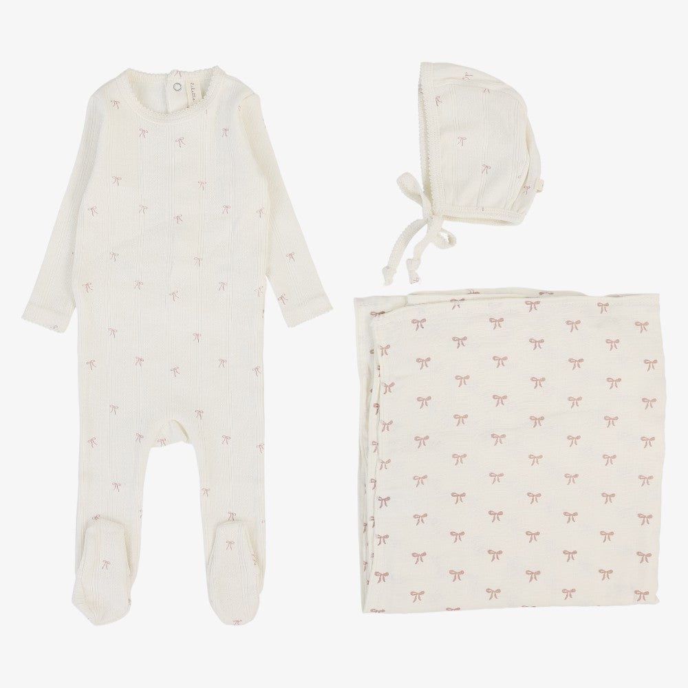 Printed Pointelle Take Me Home Set - Cream &amp; Pink Bow