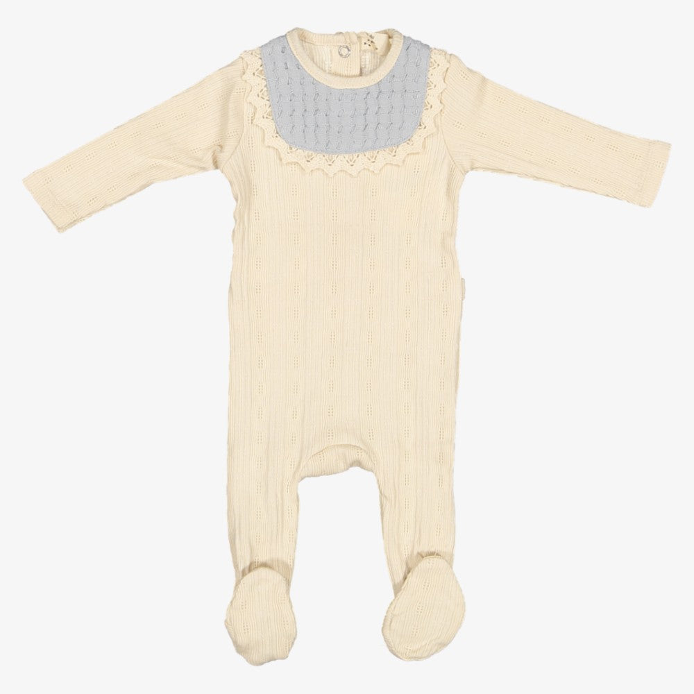 Waffle Bib Footie - Cream & Blue
