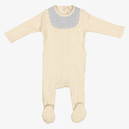 Waffle Bib Footie - Cream &amp; Blue