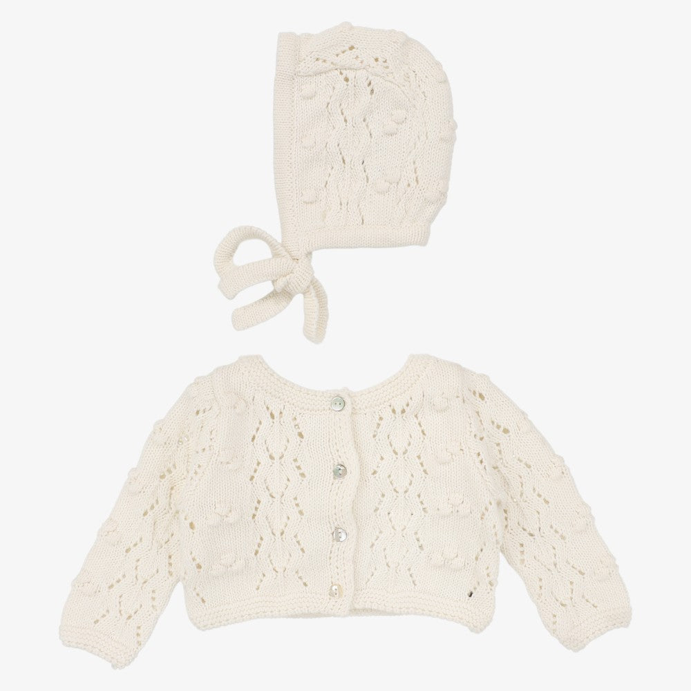 Popcorn Weave Cardigan And Bonnet - Cream