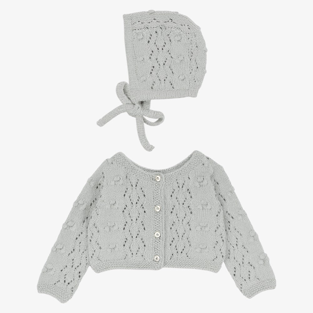 Popcorn Weave Cardigan And Bonnet - Light Blue