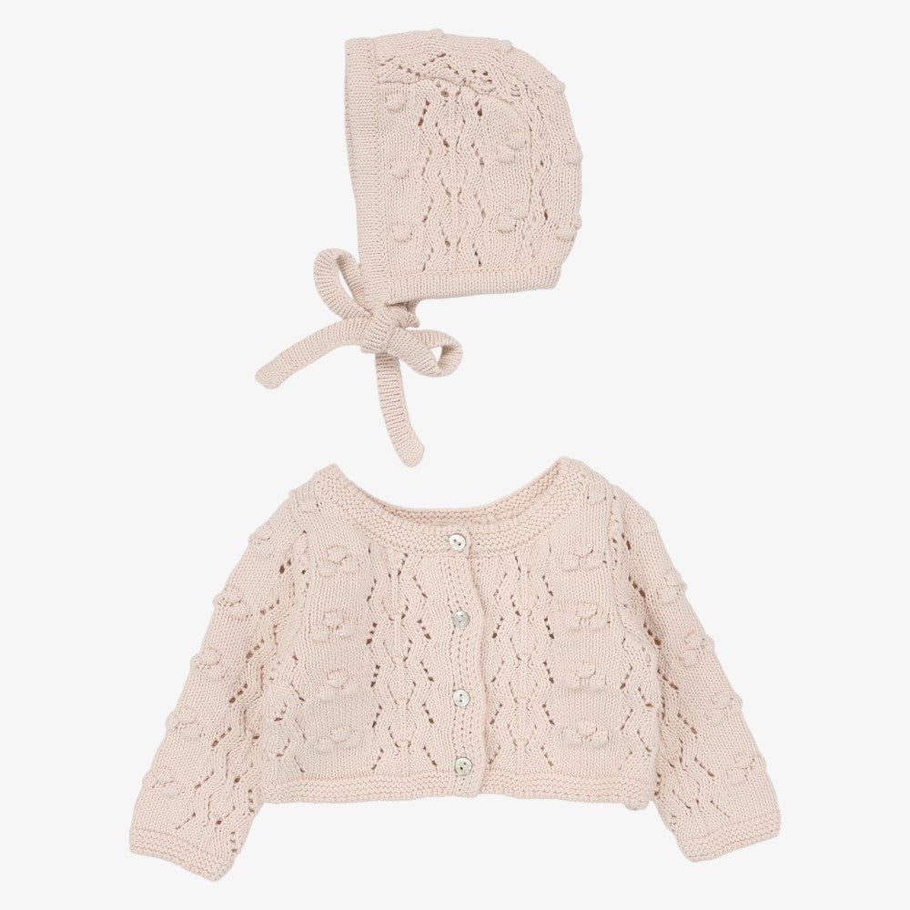 Popcorn Weave Cardigan And Bonnet - Petal