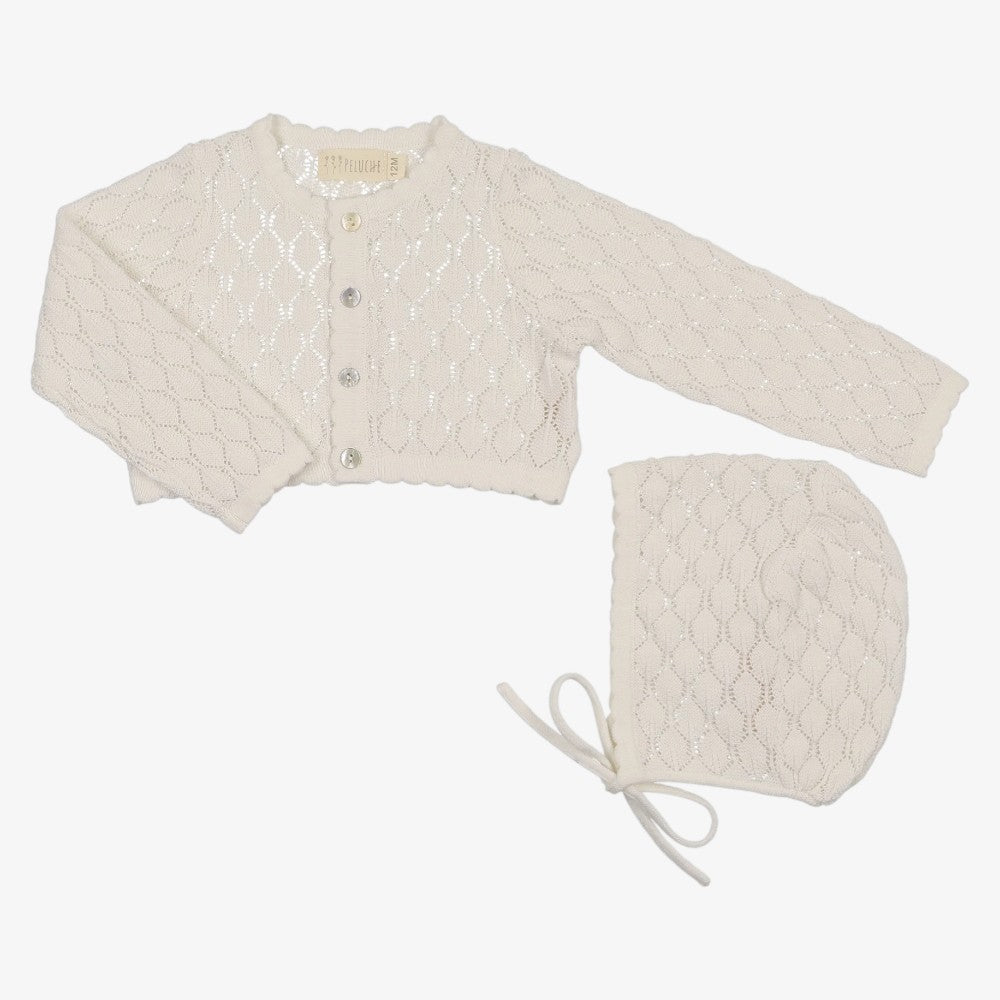 Pointelle Cropped Cardigan With Bonnet - Cream