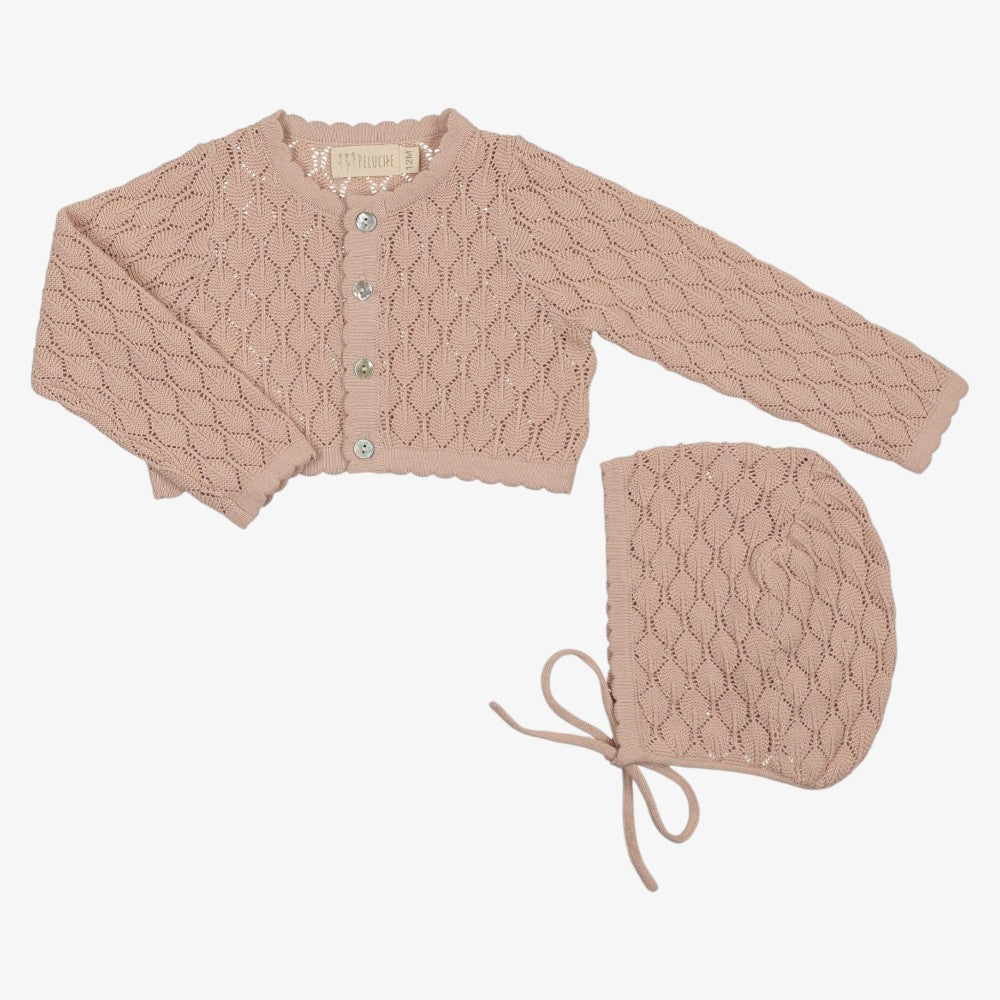 Pointelle Cropped Cardigan With Bonnet - Rose