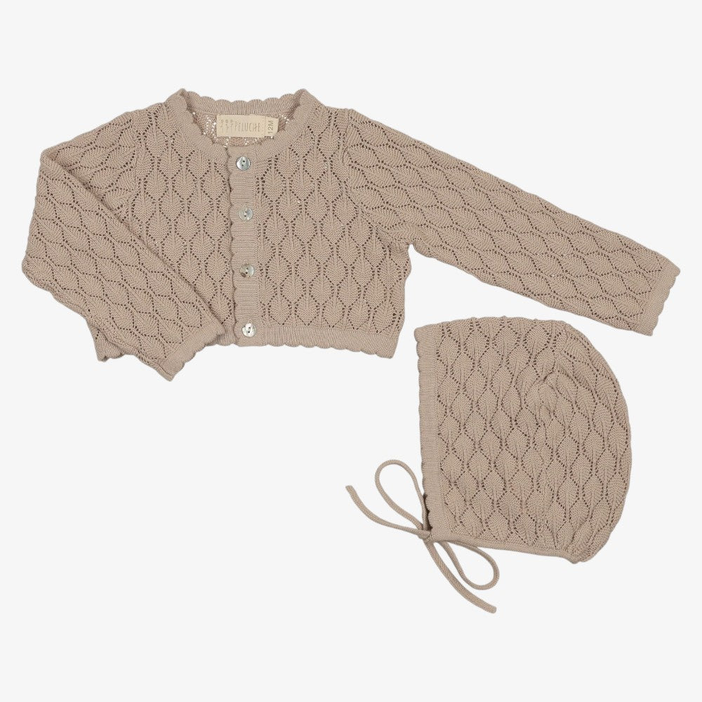 Pointelle Cropped Cardigan With Bonnet - Taupe