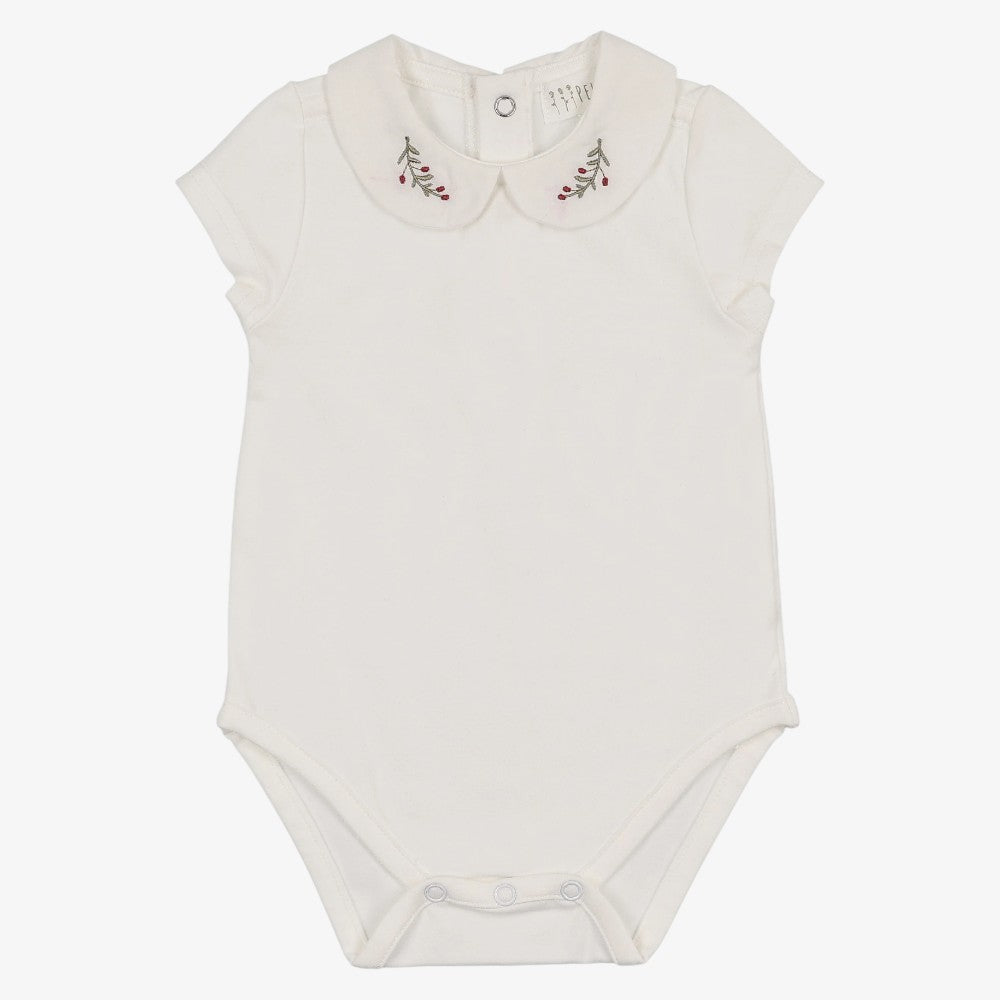 Embroidered Collar Onesie Short Sleeve - Cream &amp; Berry