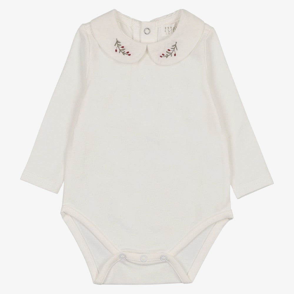 Embroidered Collar Onesie Long Sleeve - Cream &amp; Berry