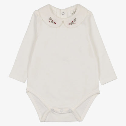 Embroidered Collar Onesie Long Sleeve - Cream &amp; Berry