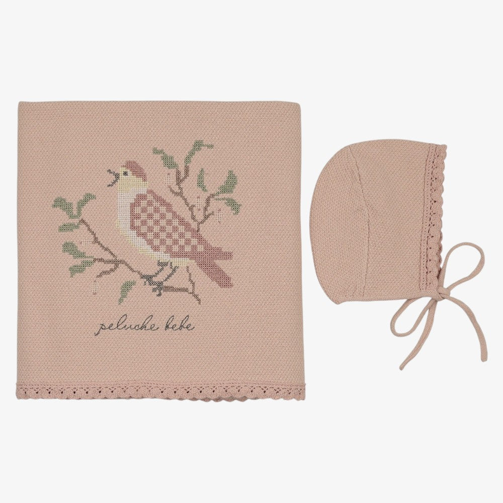 Knit Stitch Blanket and Bonnet - Rose