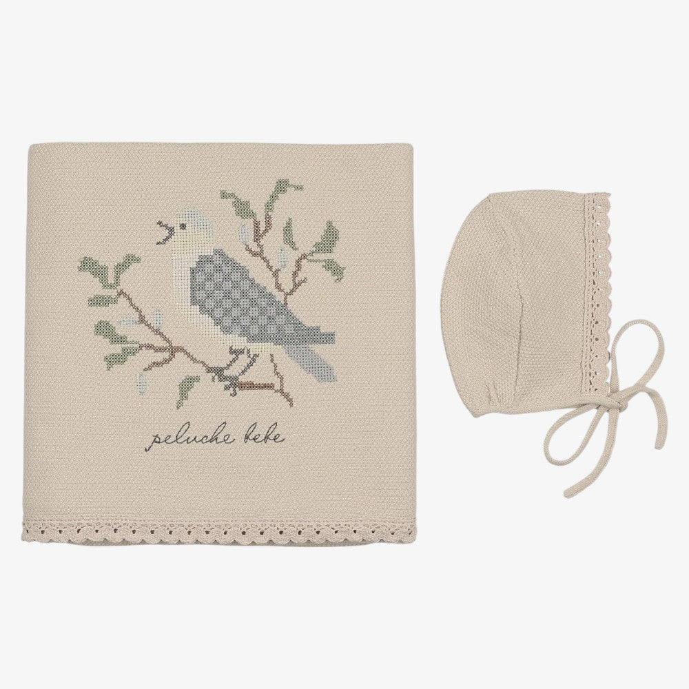 Knit Stitch Blanket and Bonnet - Stone &amp; Blue