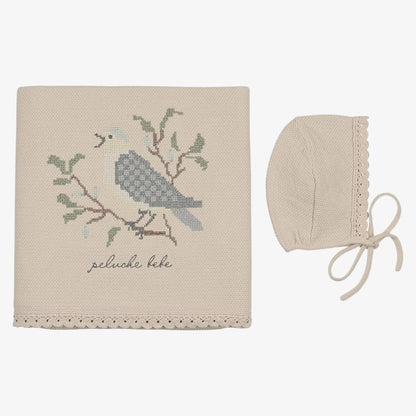 Knit Stitch Blanket and Bonnet - Stone &amp; Blue