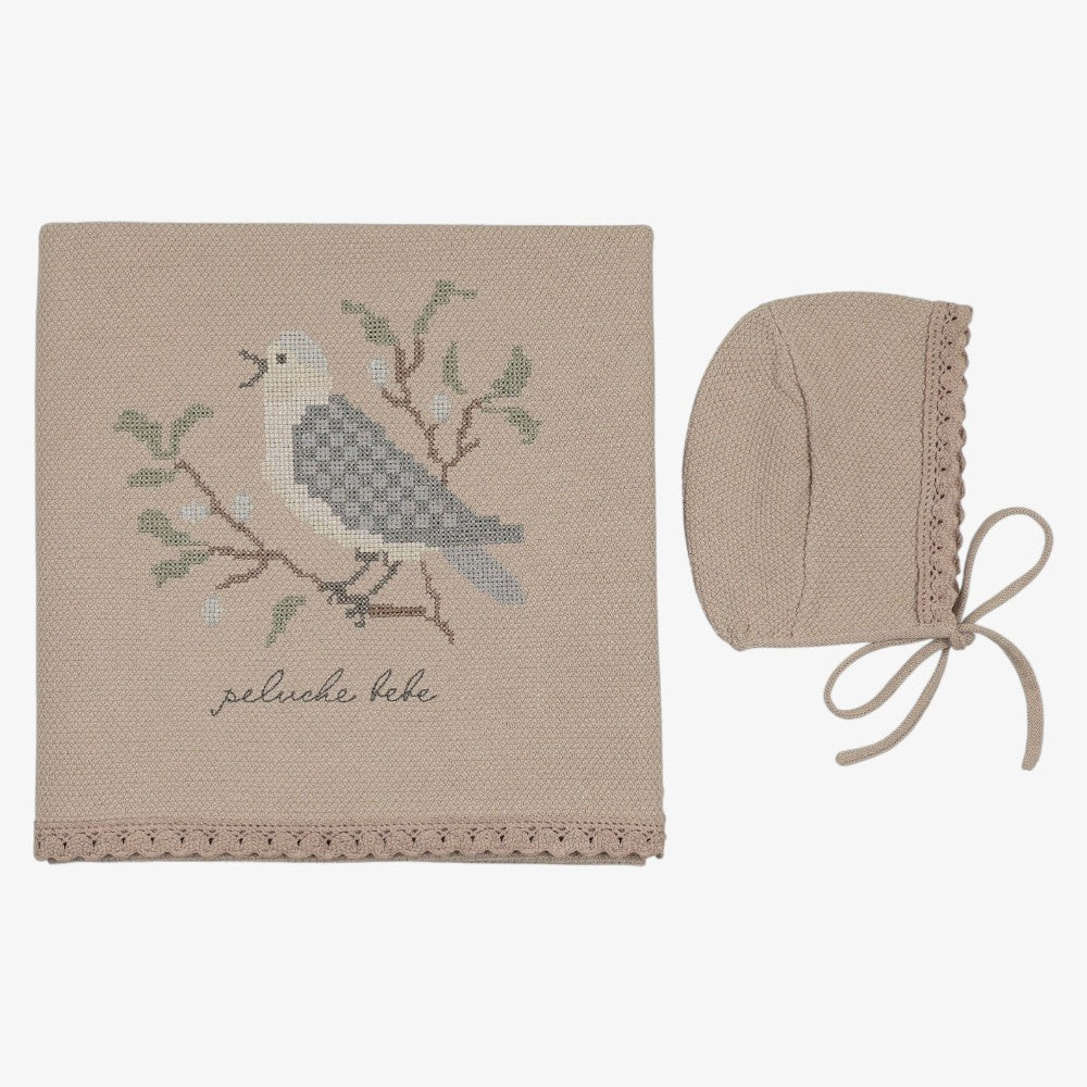 Knit Stitch Blanket and Bonnet - Taupe