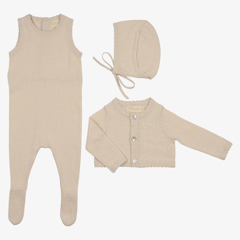 Knit Footie With Cardigan And Bonnet - Stone