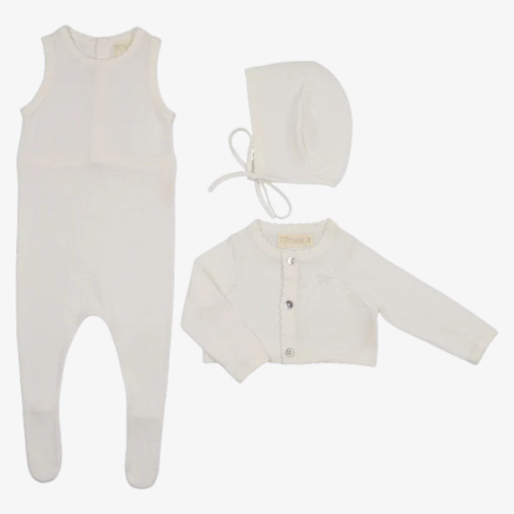 Knit Footie With Cardigan And Bonnet - Cream