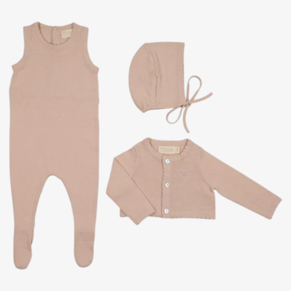 Knit Footie With Cardigan And Bonnet - Rose