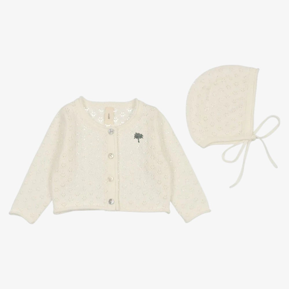 Pointelle Cardigan And Bonnet - Blue