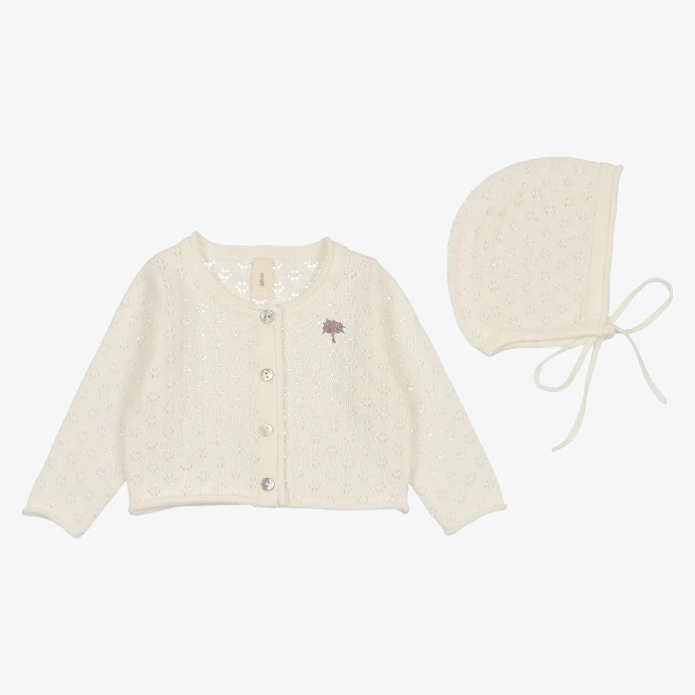 Pointelle Cardigan And Bonnet - Pink