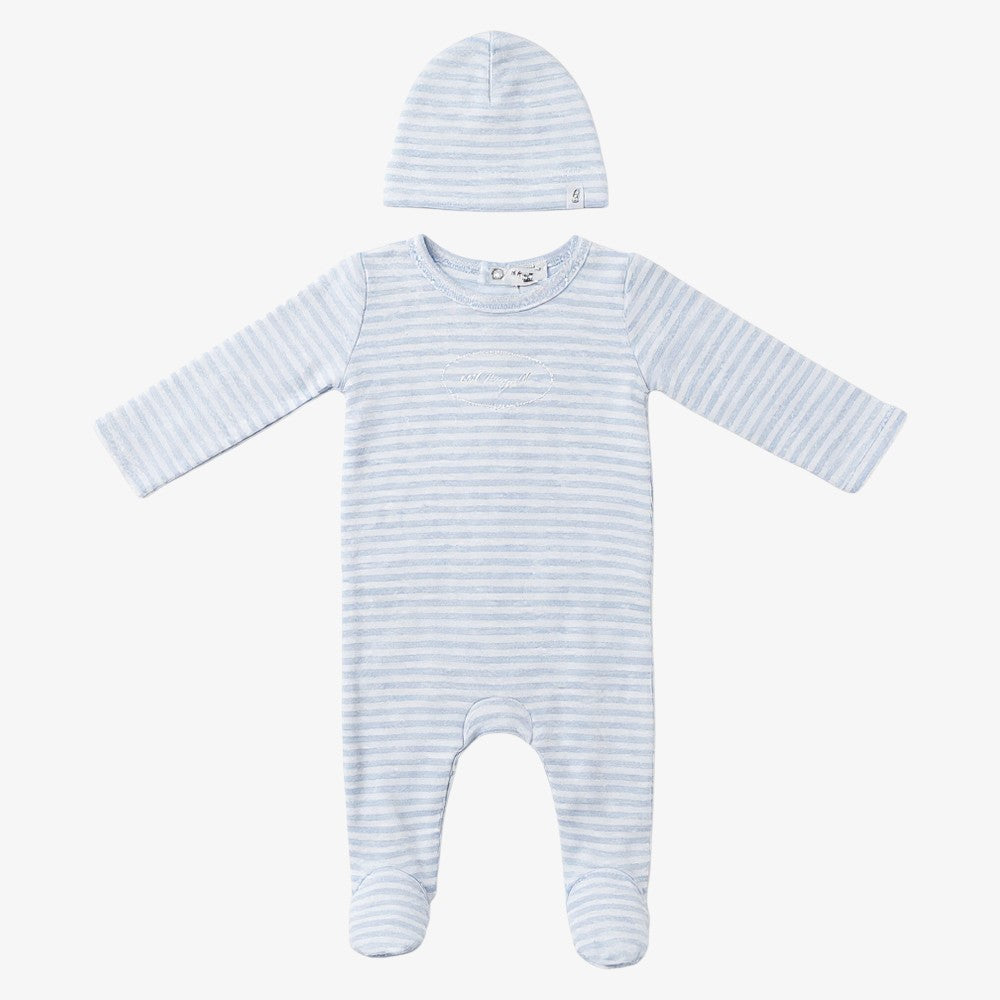 Stripe Footie And Hat - Blue