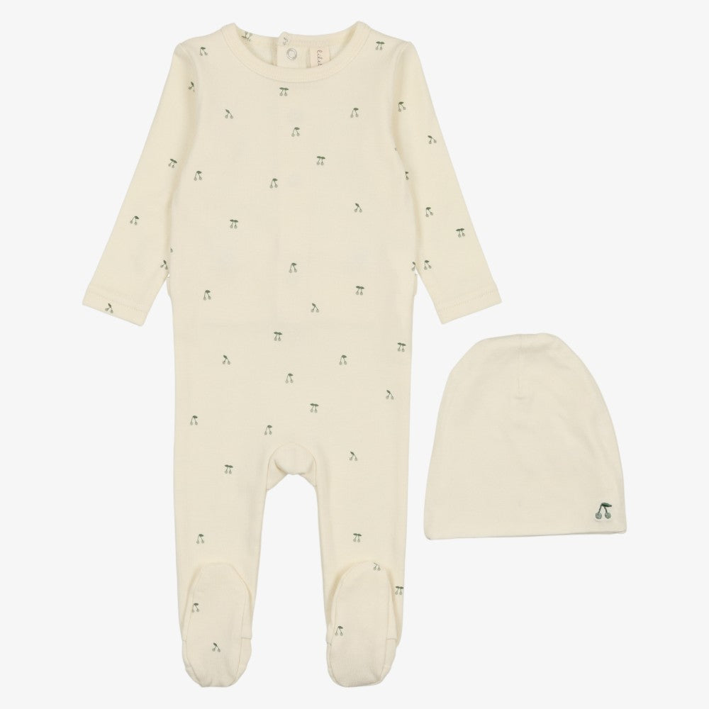 Scattered Cherry Footie And Hat - Ivory Mint