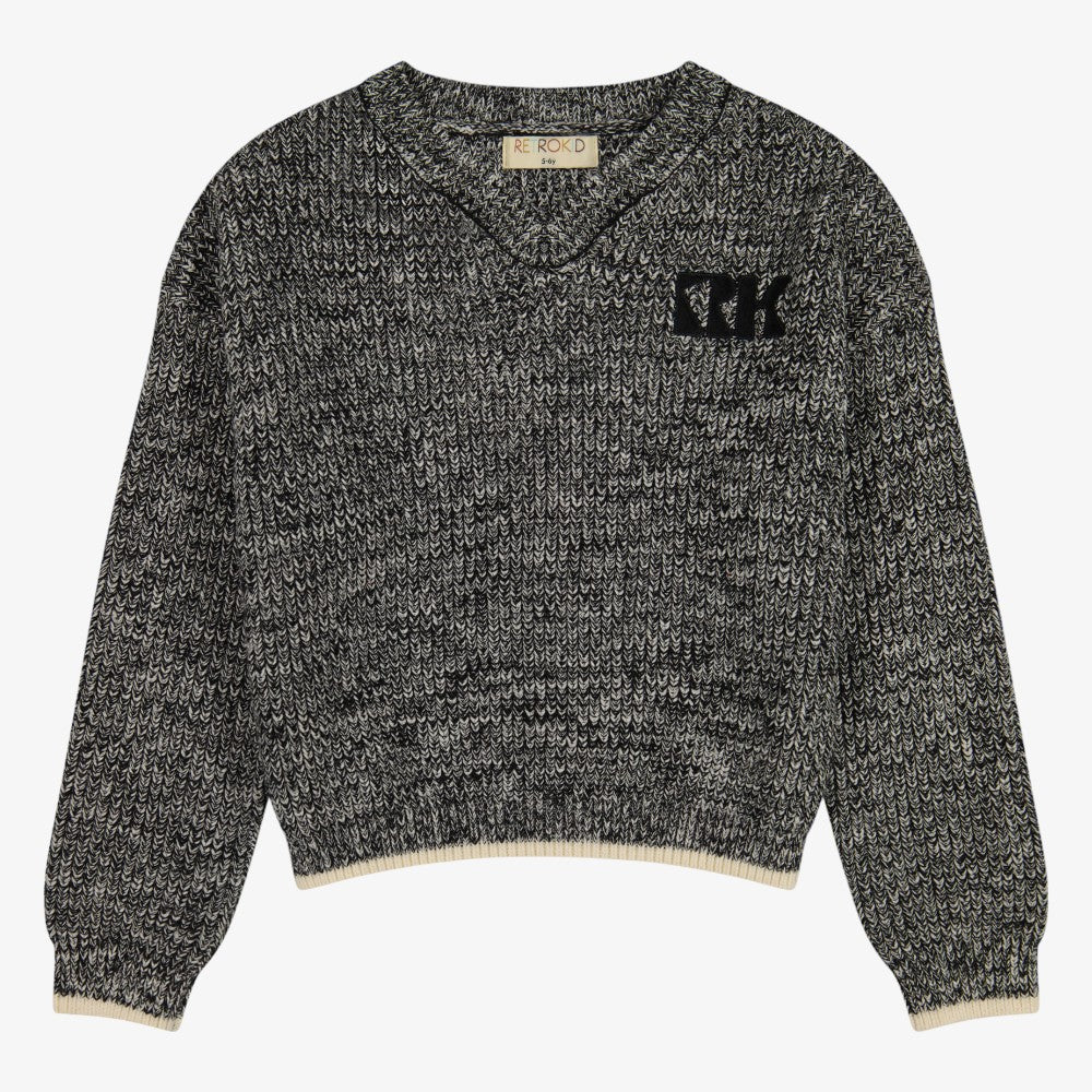 Knit V-Neck Sweater  - Black&amp;cream