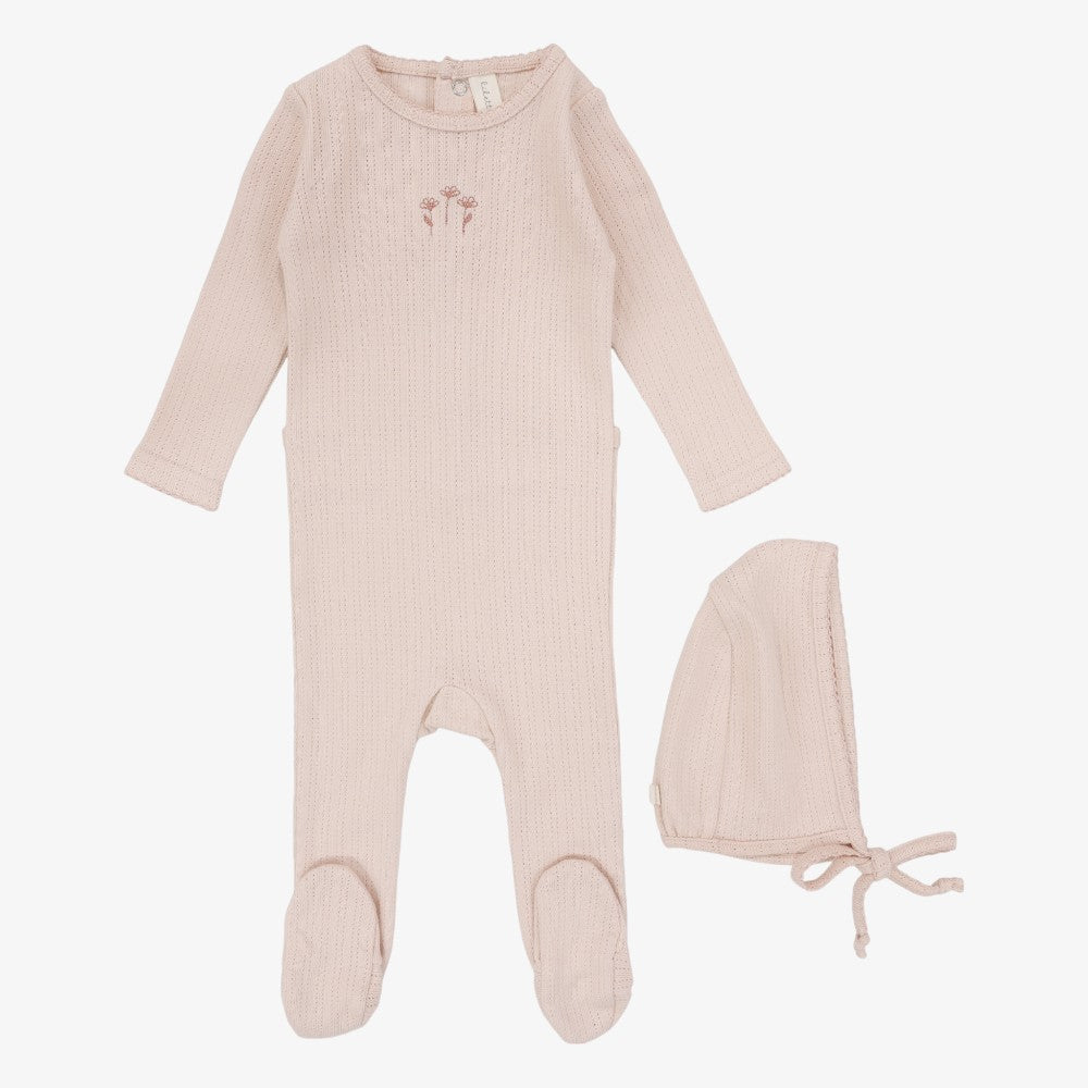 Striped Pointelle Footie And Hat - Peachy Pink