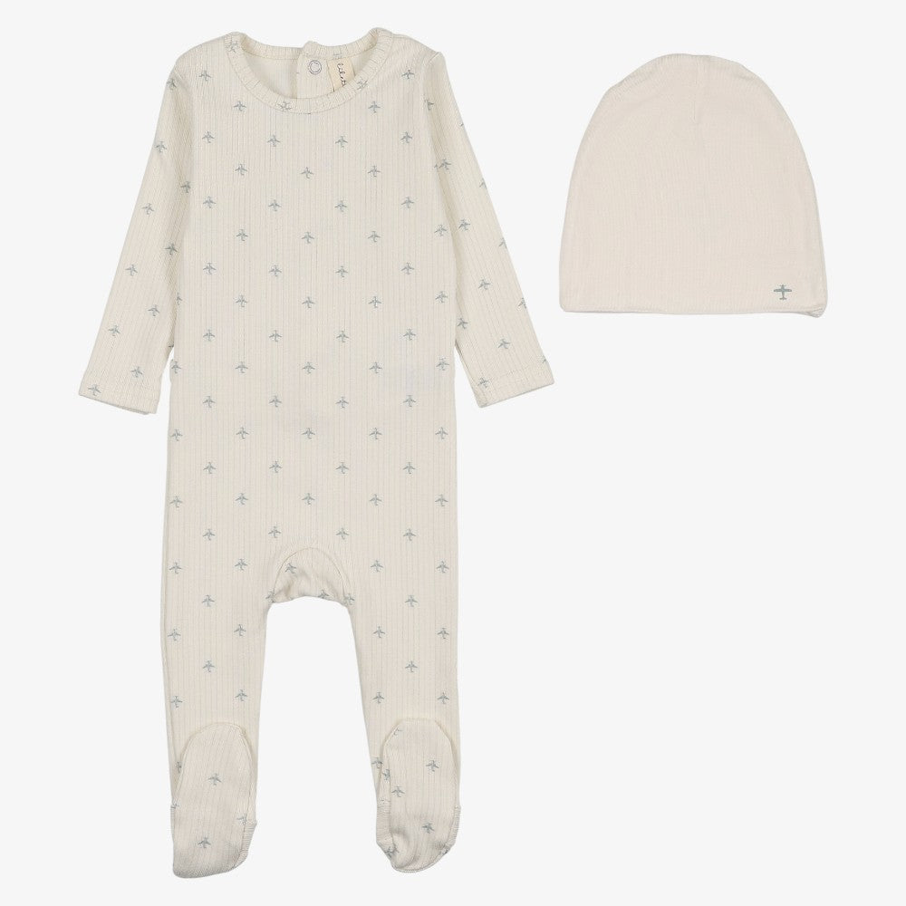 Stripe Plane Footie And Hat - Cream &amp; Light Blue