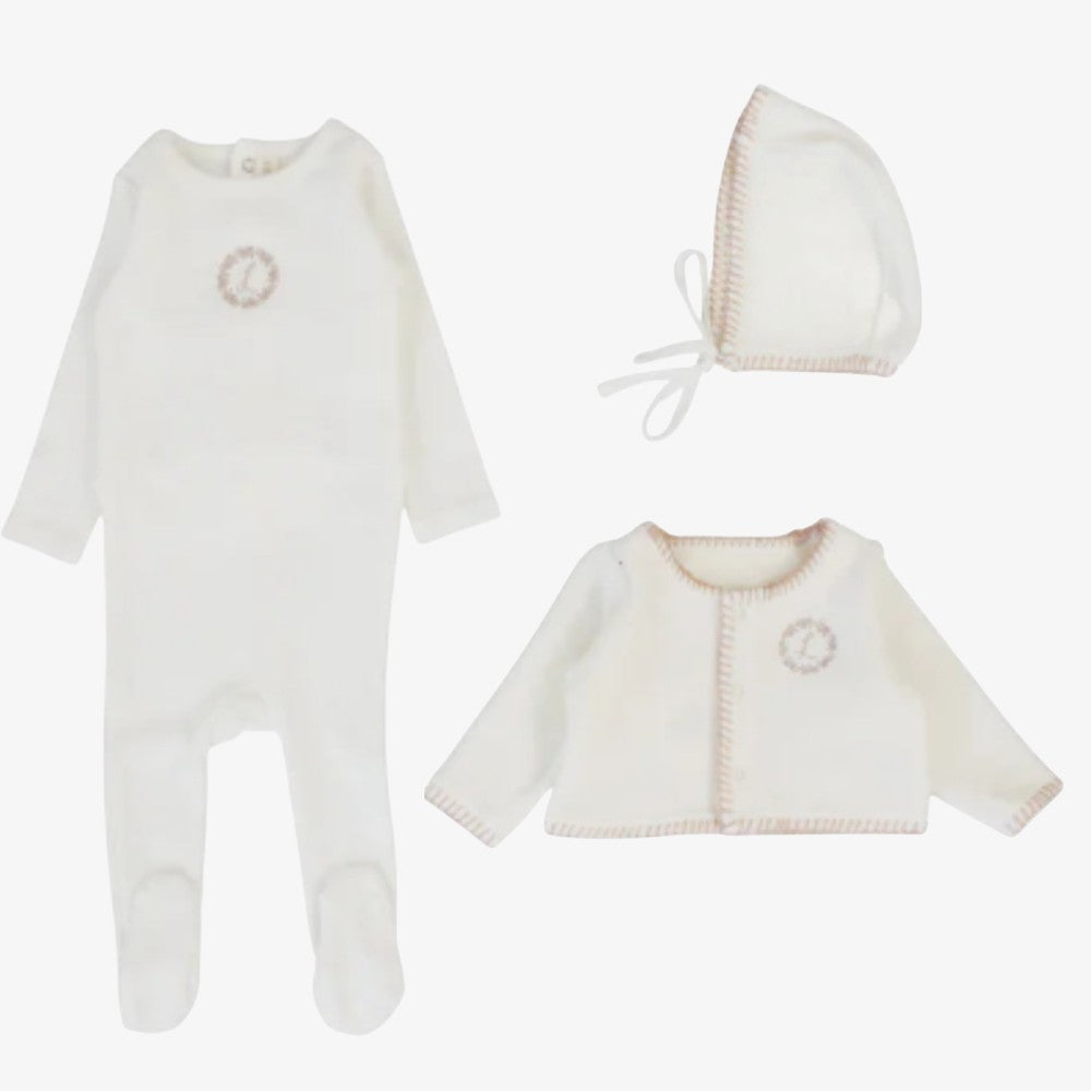 Velour Cardigan Footie And Bonnet - Cream &amp; Pink