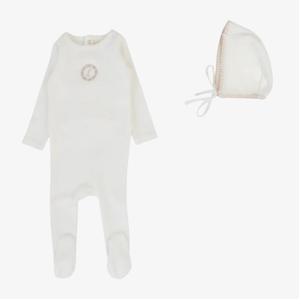 Velour Cardigan Footie And Bonnet - Cream &amp; Pink