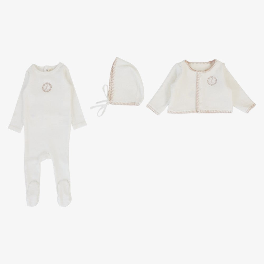 Velour Cardigan Footie And Bonnet - Cream &amp; Oat