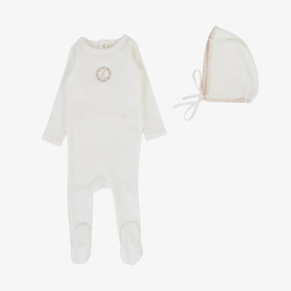 Velour Cardigan Footie And Bonnet - Cream &amp; Oat
