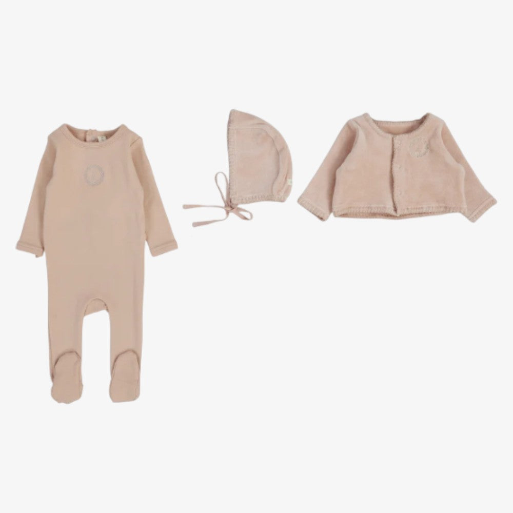 Velour Cardigan Footie And Bonnet - Dusty Pink