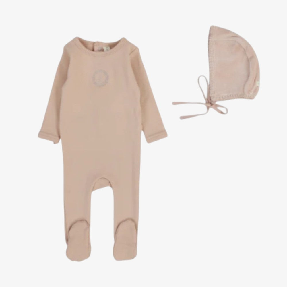 Velour Cardigan Footie And Bonnet - Dusty Pink