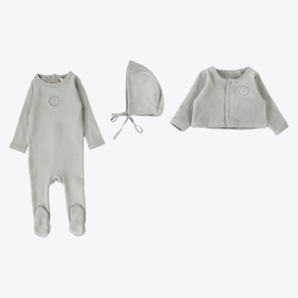 Velour Cardigan Footie And Bonnet - Dusty Blue