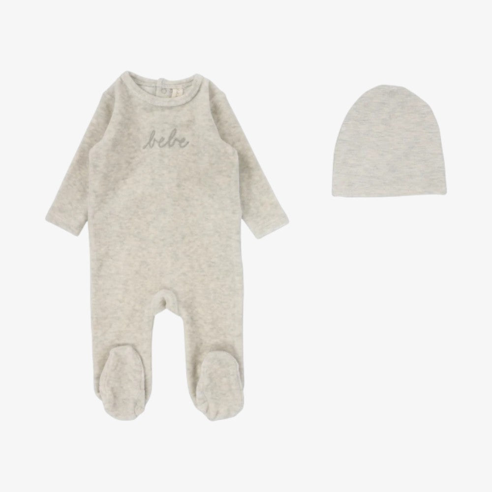 Velour Bebe Footie And Hat - Heather Oatmeal