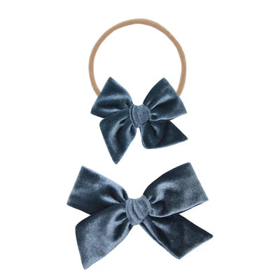 Velvet Bow Headband - Steel Blue