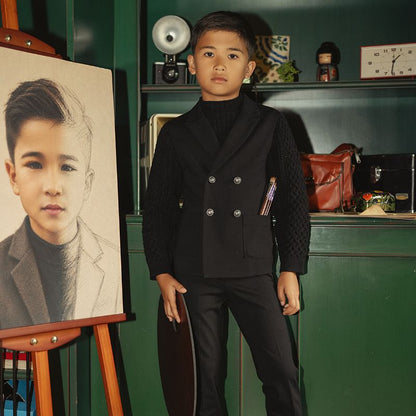 Cable Blazer With Knit Sleeves - Black