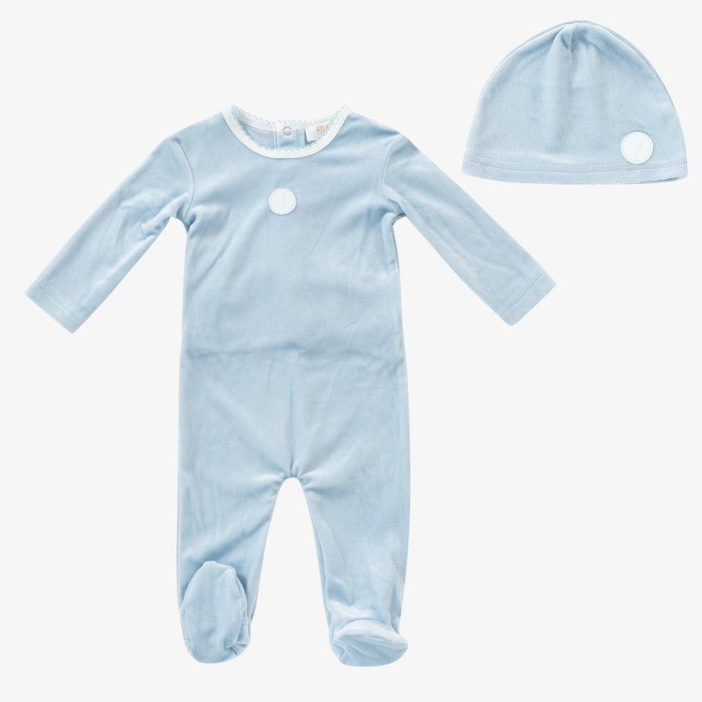 Leaf Motif Footie And Hat - Blue