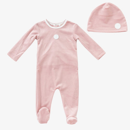 Leaf Motif Footie And Hat - Pink