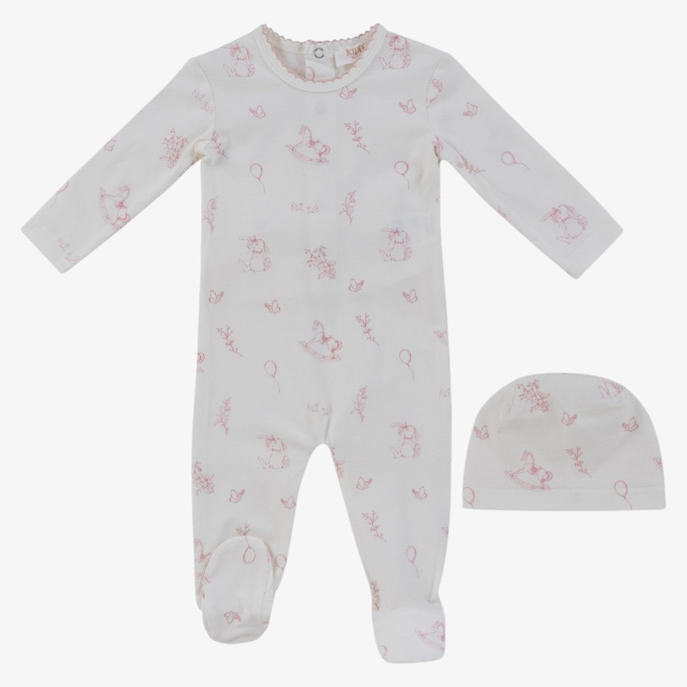 Toile Footie And Hat - Pink