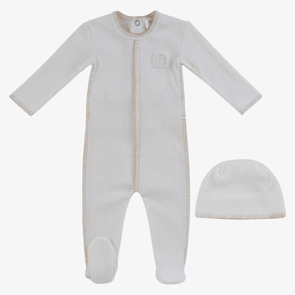 Bunny Rib Footie And Hat - Stone