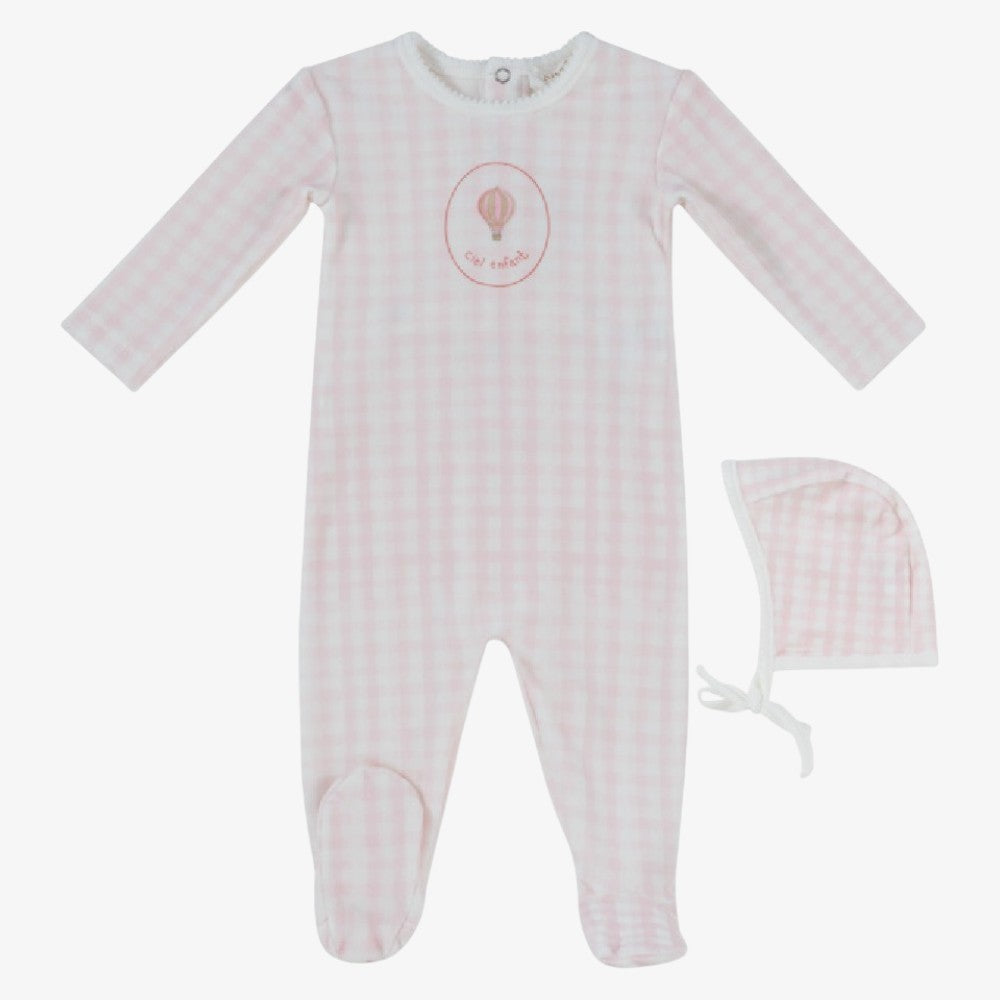 Gingham Footie And Hat - Pink