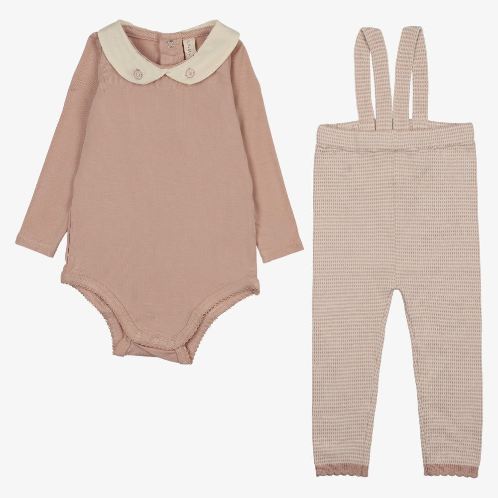 Two Tone Knit Top And Suspender Pants - Dusty Pink