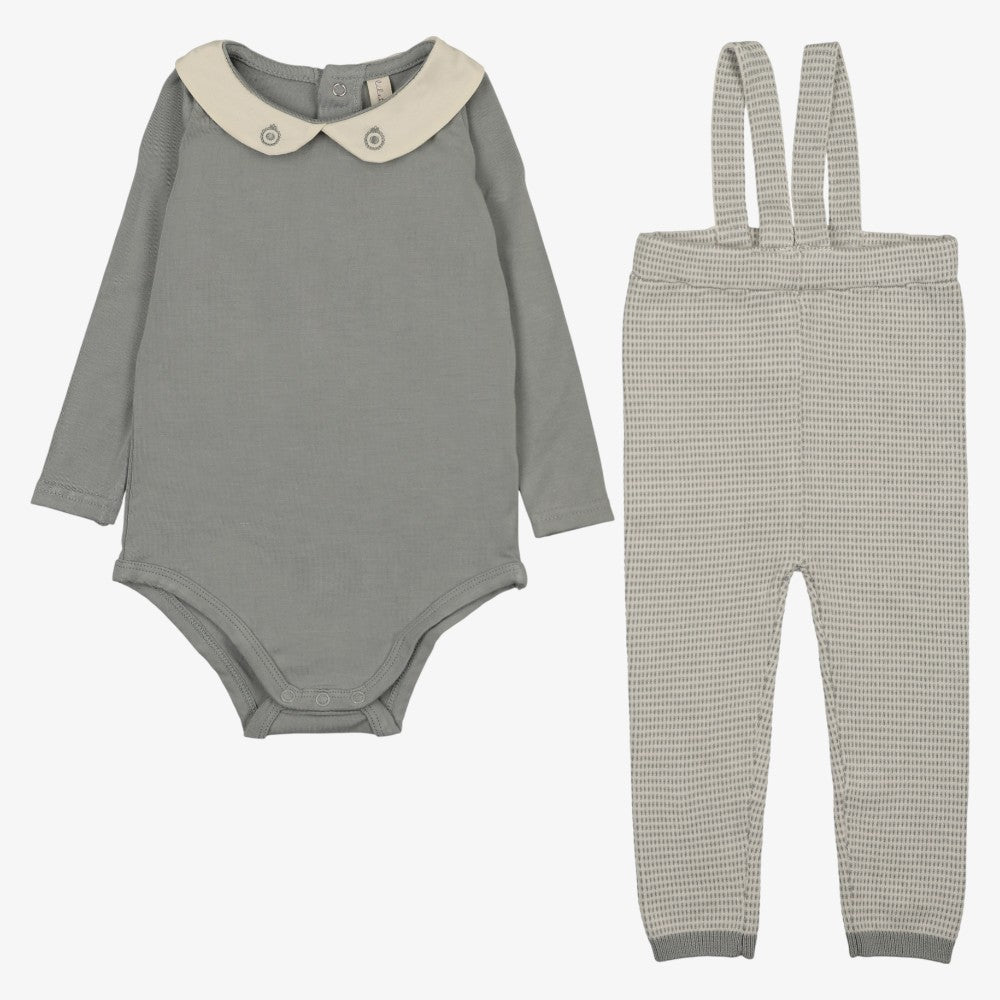 Two Tone Knit Top And Suspender Pants - Light Blue