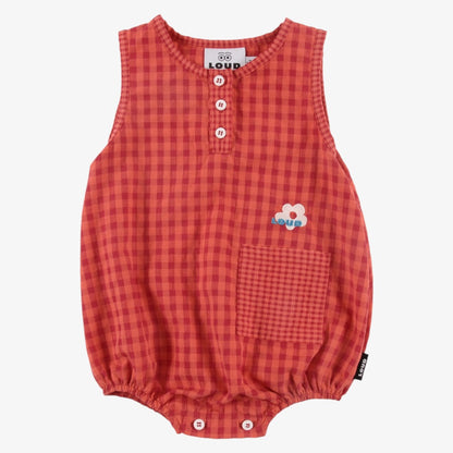 Embroidered Flower Romper - Red Check