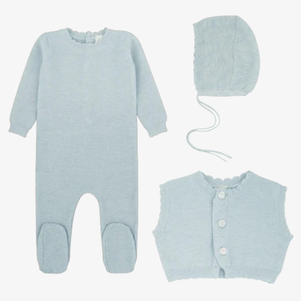 Knit Vest Footie And Bonnet - Celeste